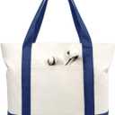 TOPDesign 1-Pack Canvas Tote Bag with an External Pocket, Reusable Grocery Shopping Bag, Top Zipper Closure, Daily Essentials (Blue/Natural)