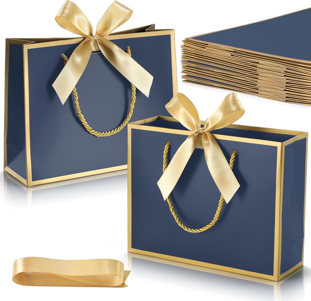 DOYIDE 12 Pcs Thank You Gift Bags with Handles, 9x7x3.1in Paper Gift Bags with Bow Ribbon, Blue Party Favor Bags for Any Birthday Wedding Baby Shower Bridesmaid Party Medium Gift Wrap Bags