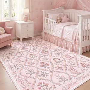 Dadasgk Pink Rug for Nursery Girl Bedroom 5x8, Cute Floral Coquette Room Decor for Teen Girls Aesthetic, Washable Light Pink Scalloped Rug for Kids Room Dorm Room College Students Playroom