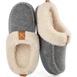 Womens Felt Sherpa Warm Slippers Bedroom Cozy Memory Foam Moccasin House Shoes with Fuzzy Plush Lining for Winter Indoor Outdoor (7-8, Grey)