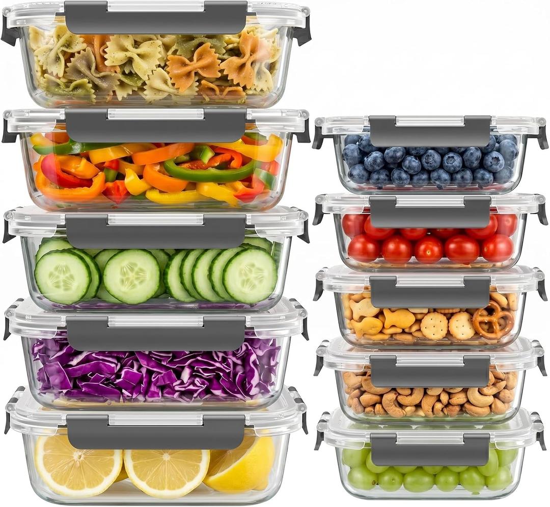 Dealusy 10 Sets (20-Piece) 4.5 Cup & 1.5 Cup Glass Food Storage Containers with lids, Airtight Leak-proof Glass Meal Prep Containers with Lids, Microwave Oven Freezer Dishwasher Safe, Gray, 12 ounces