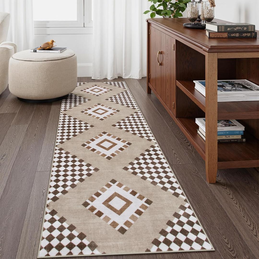 2x6 Checkered Boho Bathroom Hallway Runner Rug Non Slip, Washable Kitchen Runners for Hallways, Checkerboard Accent Indoor Throw Carpet for Entryway Laundry Room Bedroom (2 x 6,Khaki)