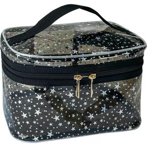 Star Print Black PVC Makeup Bag with Handle - 8.66 * 5.51 * 5.51 inch,Clear Storage Bag Toiletry Pocket Portable Zippered Pouch Waterproof Cosmetic Organizer Bags for Women(Black-L)