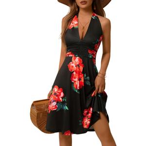 HUHOT Women's Summer Sundress Sleeveless Halter Neck Spring 2025 Floral with Pocket Elastic Waist Ruffle Mini Dresses (Medium) HUHOT Women's Summer Sundress Sleeveless Halter Neck Spring 2025 Floral with Pocket Elastic Waist Ruffle Mini Dresses (Medium)