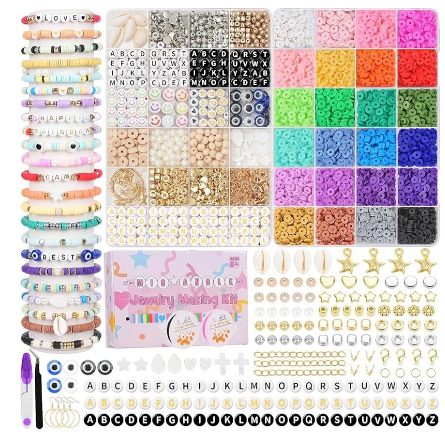 Mio Angle Clay Beads 24 Colors Bracelet Making Kit, Round Letter Beads with Charm and Elastic Strings, Friendship Bracelets Holiday Gifts for Girls Adults