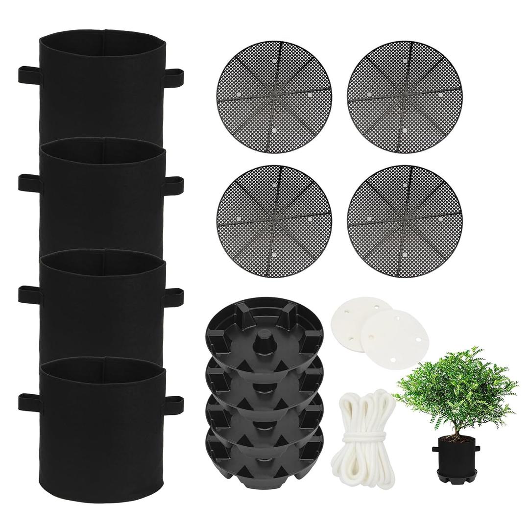 4Pack Self-Watering Pots Elevated Plant Saucers, Auto Plant Irrigation System Watering Devices with 5 Gallons Fabric Pot Base Grow Bags, Water Catcher Tray Accessories for Greenhouse GrowTent