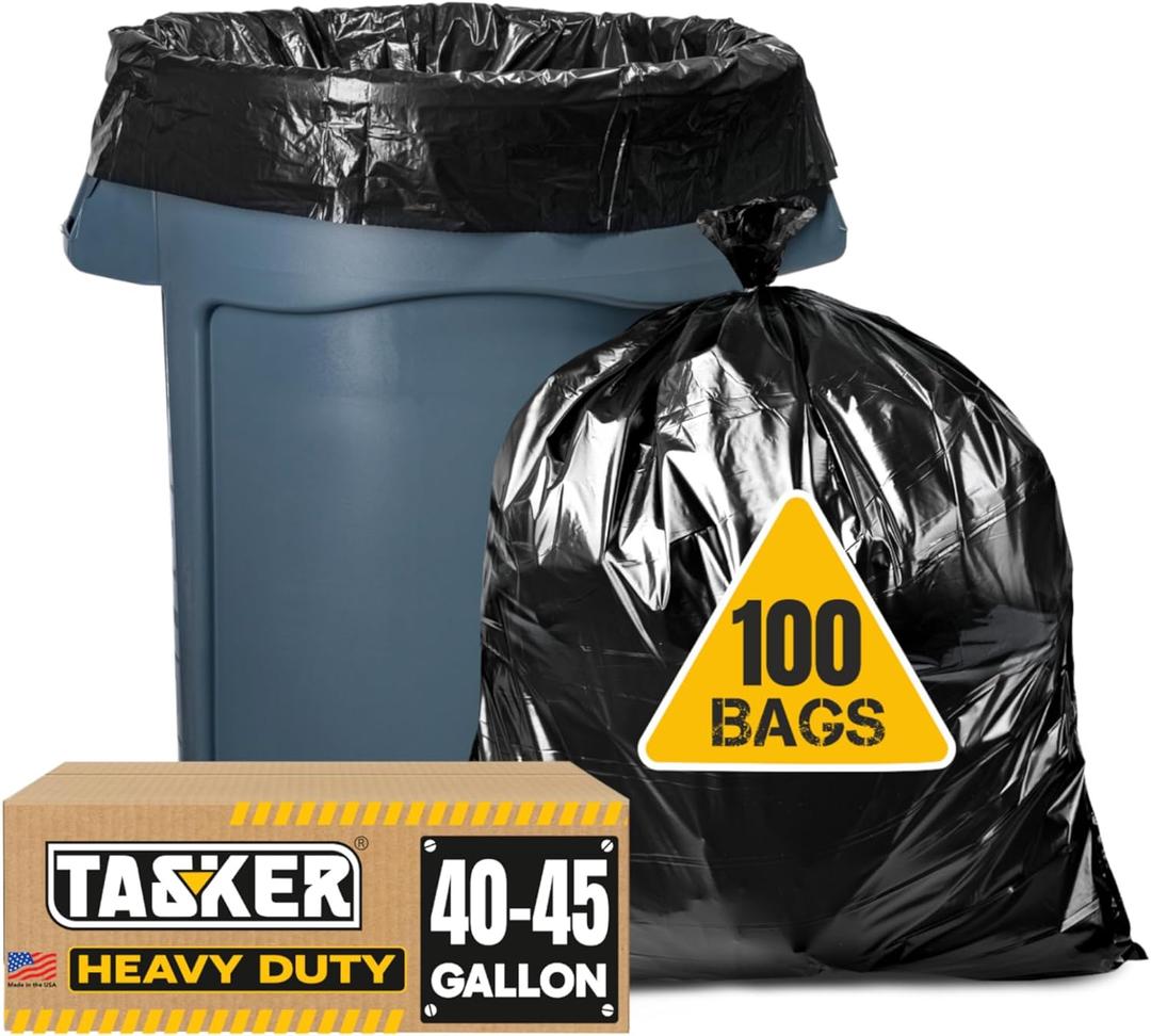 Tasker 44-45 Gallon Trash Bags Heavy Duty, (Value 100 Bags w/Ties) Extra Large Black Trash Bags - 39 Gallon - 40 Gallon - 42 Gallon - 45 Gallon - Large Black Garbage Bags Heavy Duty (100 Count (Pack of 1))