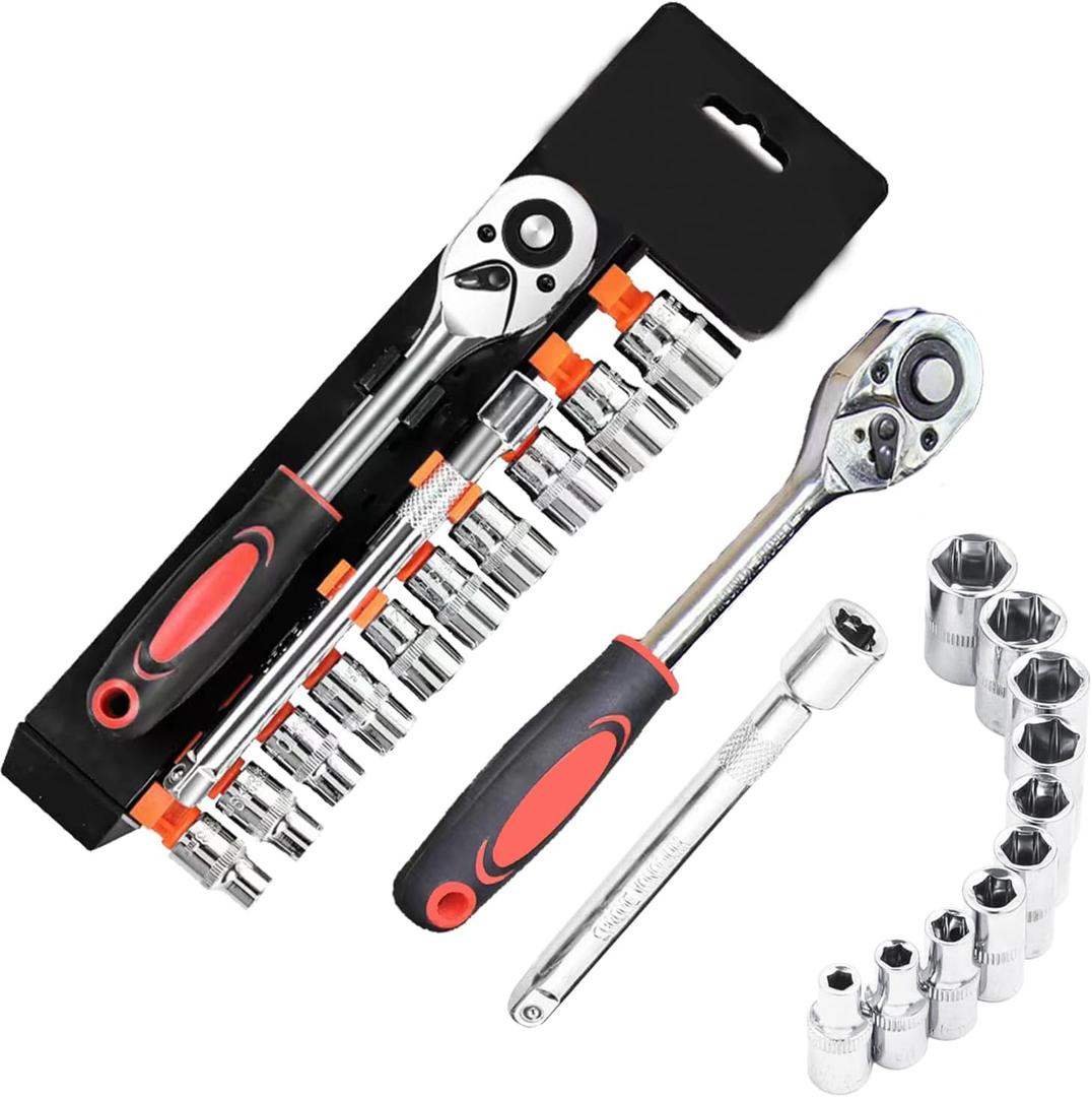 1/4" Ratchet Socket Wrench Set,12 Pieces Drive Sockets Set with Quick Released Ratchet Handles and Extension Bar