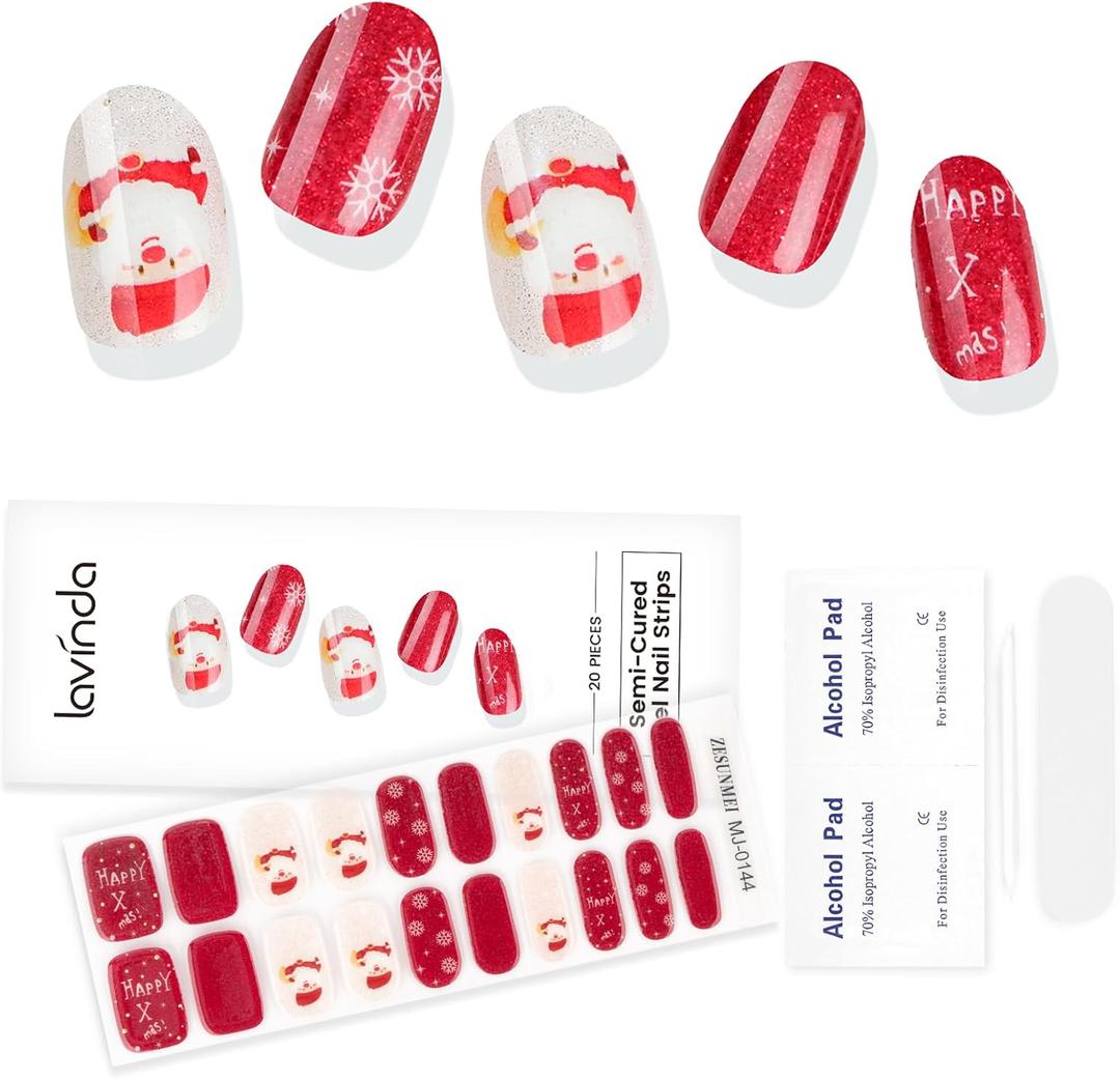 2 x Lavinda Christmas Semi Cured Gel Nail Strips, 20 Pcs Nails Stickers with Santa & Snowflake, Long-Lasting UV Gel Stickers, Easy to Apply for Home Nails DIY with 2 Prep Pads & Stick and 1 File (Snowpine)