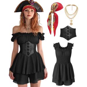 Womens Pirate Costume Dress Pirate Costumes Outfit for Women with Headscarf Corset Accessories 4PCS (Small, Black)