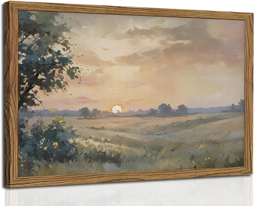 Vintage Sunset Wall Art Rustic Cottagecore Landscape Wall Decor Fall Country Nature Painting Artwork 3D Textured Sandstone for Living Room Bedroom 16x24 Inch Wood Framed