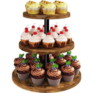 IBUYKE 3 Tier Cupcake Stand,Wood Durable Cupcake Tower,Round Serving Display Stand,Dessert Table Display Tree Tower for Birthday,Home Party, Wedding, Baby Shower,Rustic Brown UTLJ017H