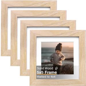 KINLINK 5x5 Picture Frame, Natural Square Solid Wood Frames for Pictures 4x4 with Mat or 5x5 without Mat, Wall and Tabletop Display Photo Frames Natural Wood 4 Pack