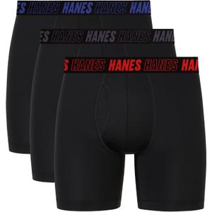 Hanes Men's Moves Performance Boxer Brief, Total Support Pouch, Regular, Trunk, and Long Leg, 3-pack (Black, M)