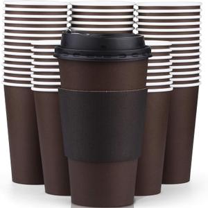 Promora 16 oz Disposable Brown Coffee Cups with Lids & Sleeves, Premium Paper Cups (100 Pack) (Brown and Black)