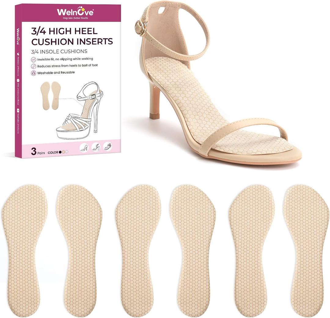 High Heel Cushion Inserts for Women - (3 Pairs) Welnove 3/ 4 Invisible Insoles Prevent Feet from Sliding Forward - Shock Absorption - Comfort Shoe Pads for High Heels Sandals Flats, Beige, Size L