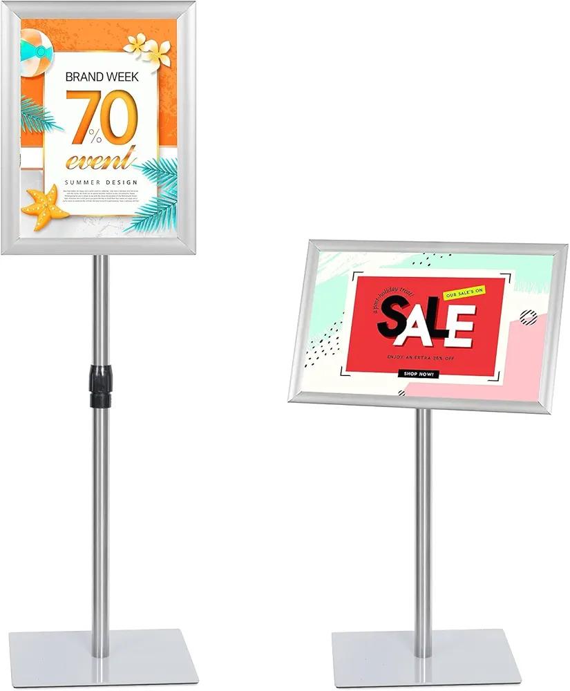 NicQliear Adjustable Sign Stand Holder, 11 x 17 Inch Poster Stand with Extra Heavy Duty Square Metal Base, Vertical or Horizontal Outdoor Floor Standing Indoor Display Holder for Restaurant, Silver