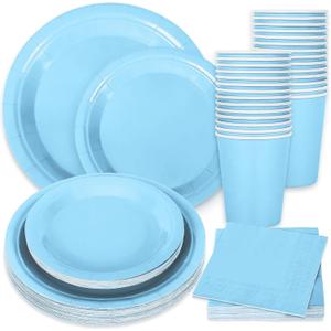 Whaline 100Pcs Light Blue Tableware Set Blue Graudation Party Supplies Summer Disposable Dinnerware Set 50Pcs Paper Plates 25Pcs Napkin 25Pcs Cups for Wedding Birthday Bride Shower Party Table Decor