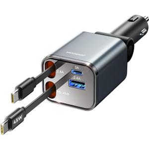 Retractable Car Charger 84W Car Charger USB C for iPhone 16 17 Pro Max Fast Charging [PD45W Dual Type C Cables] Car Accessories Cigarette Lighter Adapter for iPhone 17 Air 16 15 Pro Max, Samsung S25