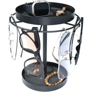REDANT Metal Sunglasses Organizer, 360 Rotating Glasses Holder Stand with Storage Tray and Jewelry Box, Eyeglasses Holder with Anti-Slip Pads for Tabletop, Desk, Dresser, Black