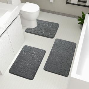 YIHOUSE Bathroom Rugs Sets 3 Piece, Cobblestone Memory Foam Bathroom Mats Set Extra Thick, Non Slip Bath Mats for Bathroom, Water Absorbent, Washable Dark Grey Bath Rugs for Tub, Toilet and Floor (3 Pieces)