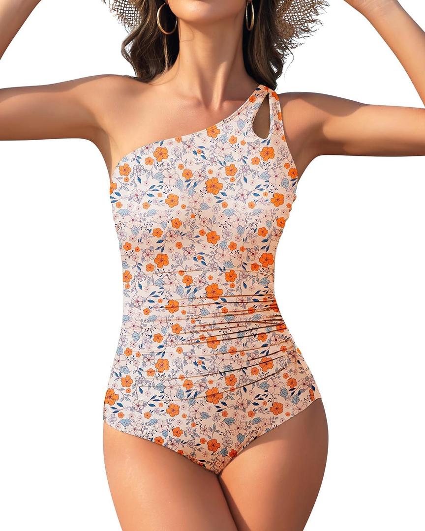 Century Star One Shoulder One Piece Swimsuit Women Tummy Control Modest Bathing Suits Full Coverage Swimming Suits Swimwear (Large, Orange Floral)
