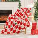 BEDELITE Christmas Throw Blanket – Red and White Checkered Holiday Blanket with Gingerbread Man, Candy Cane & Christmas Tree Pattern, Soft Warm Fleece Christmas Blanket for Home Décor & Gift, 50"x60"
