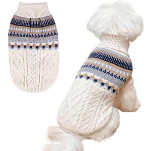 Knit Dog Sweater Turtleneck Cat Cold Weather Pullover Pet Vintage Cable Thick Warm Winter Clothes for Dogs Cats Pug Dachshund Yorkie (Beige, Large)