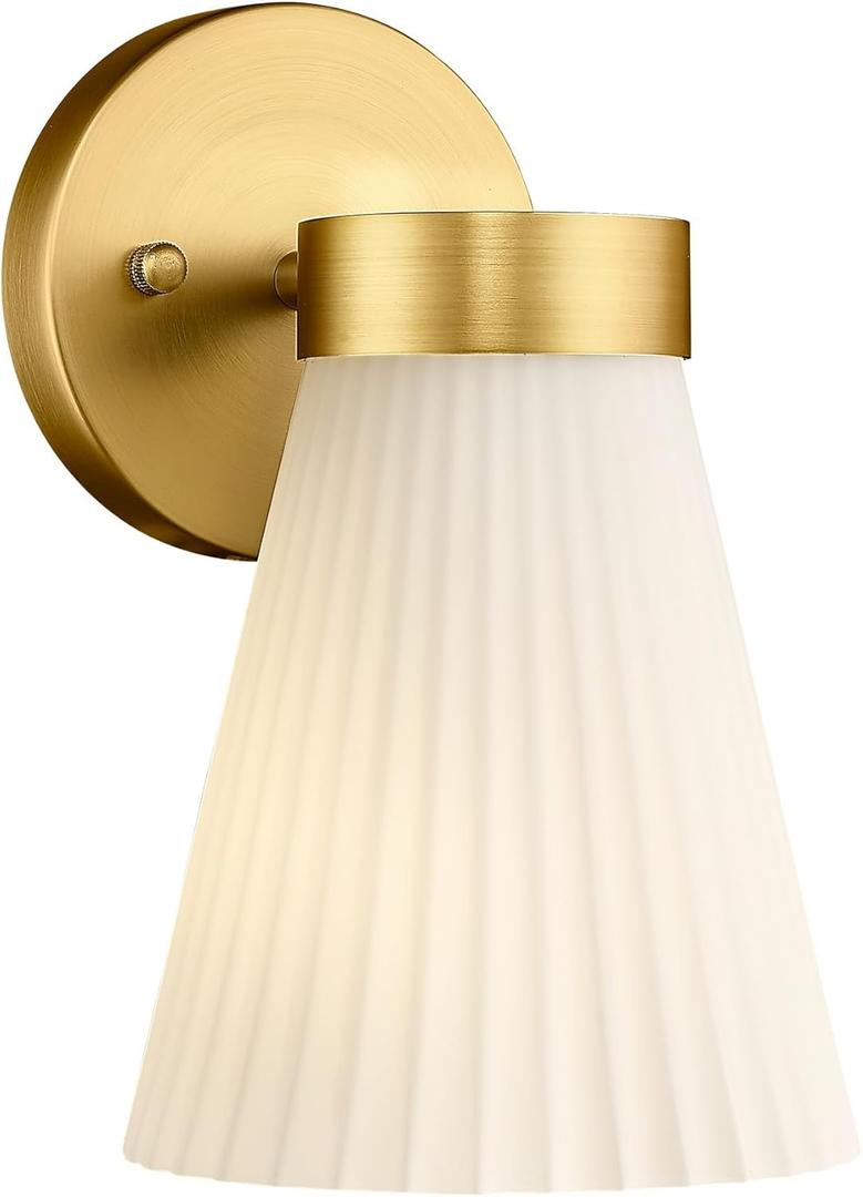 Gold Wall Sconce, HWH Single Wall Light Fixture Brushed Gold Wall Lamp with Frosted Milk White Striped Glass Shade, Modern Indoor Wall Sconce for Kitchen Bedroom Schoolhouse, 5HZG97B BG (1-Light)