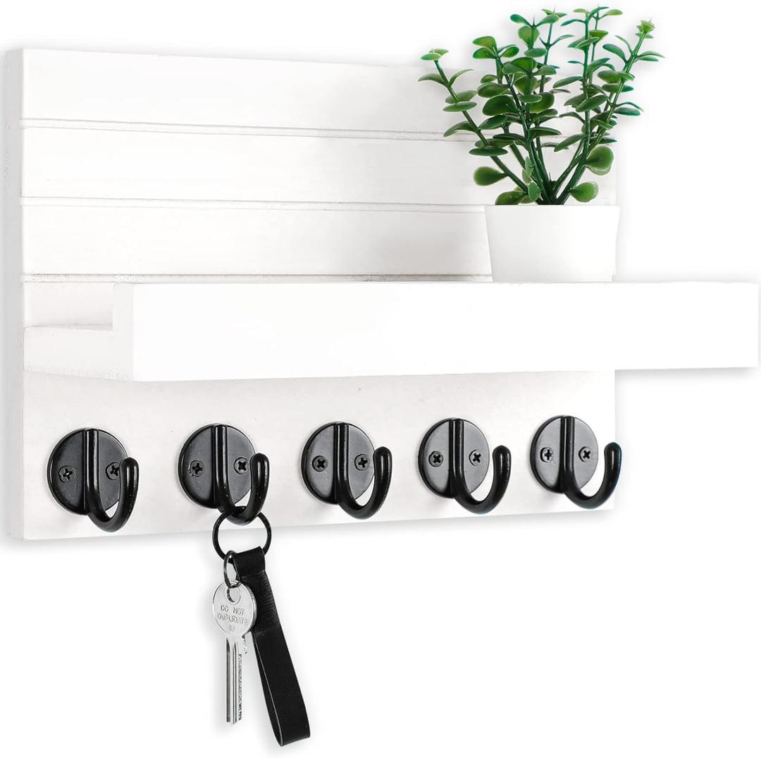 Key Holder for Wall, Decorative Key and Mail Holder with Shelf Has Large Key Hooks for Bags, Coats, Umbrella  Paulownia Wood Key Hanger with Mounting Hardware (9.8W x 6.7H x 4.2D) (White)