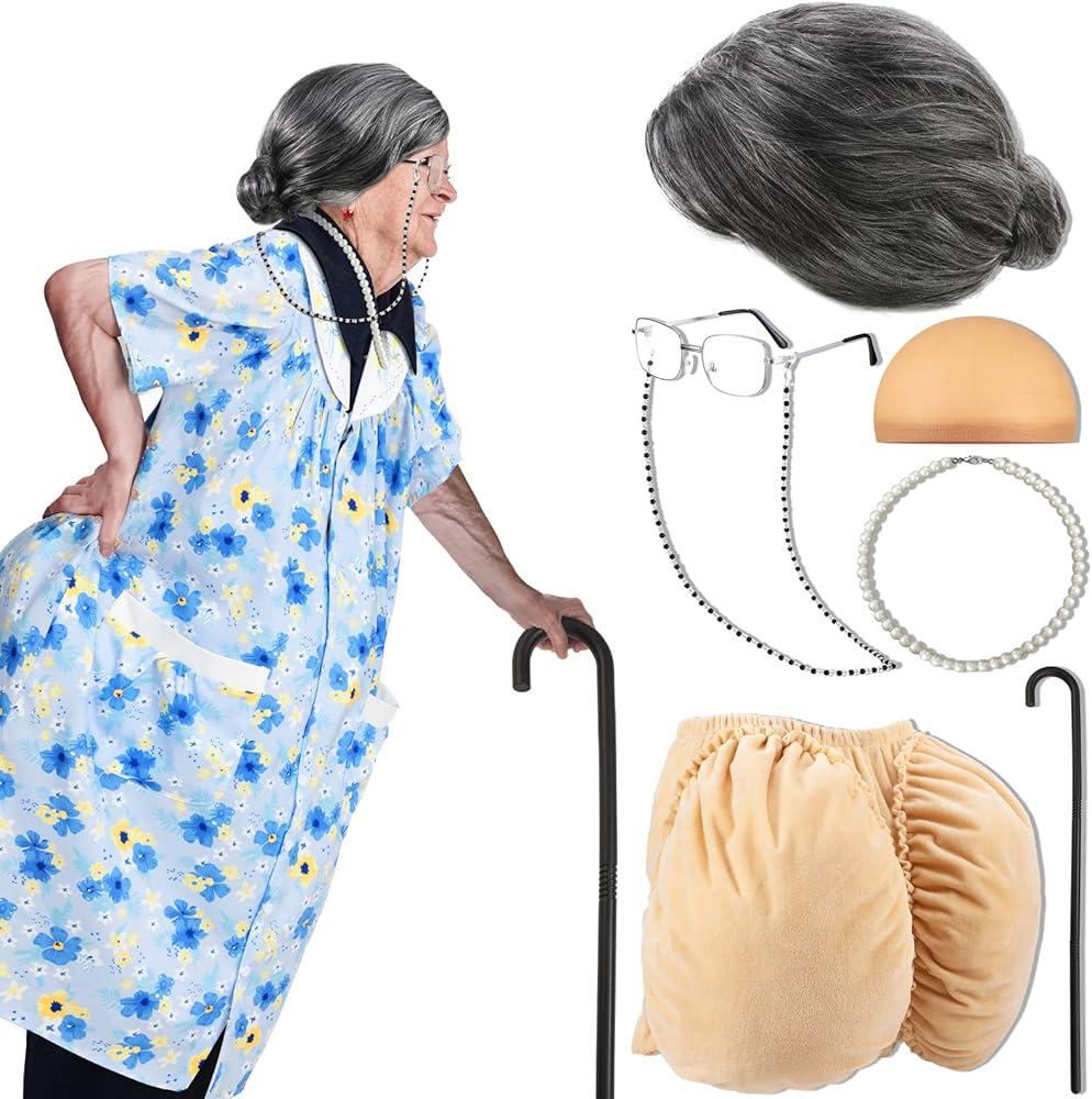 Halloween Old Lady Costume for Women, Granny Dress With Accessories (XL/XXL)