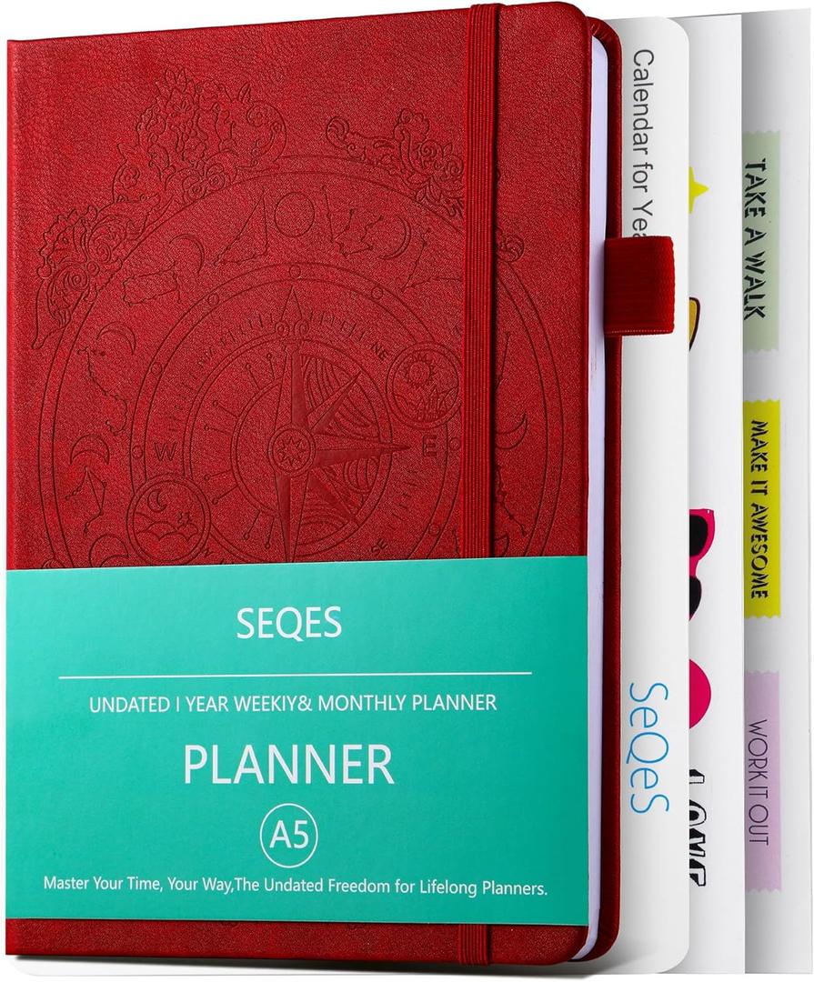 SEQES A5 Undated Planner- Leather Cover with goal tracker,full focus And habit To Increase Productivity organizer And Goal Setting & Reflection Journal | Weekly/Monthly Planner (RED)