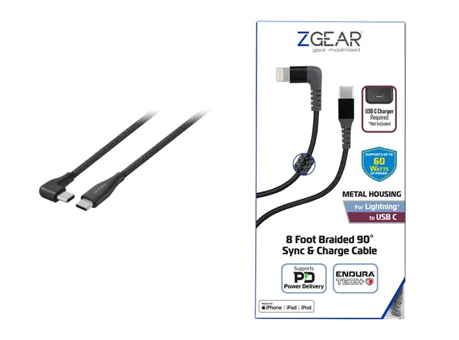 ZGear 8 Foot Braided 90° Synk & Charge Cable for Lightning Tip and for USB C to USB C