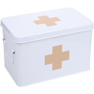 Lassos Boutique 13" Retro Enameled First Aid Box, Medicine Storage with Lid, Tray, Dividers, White/Tan