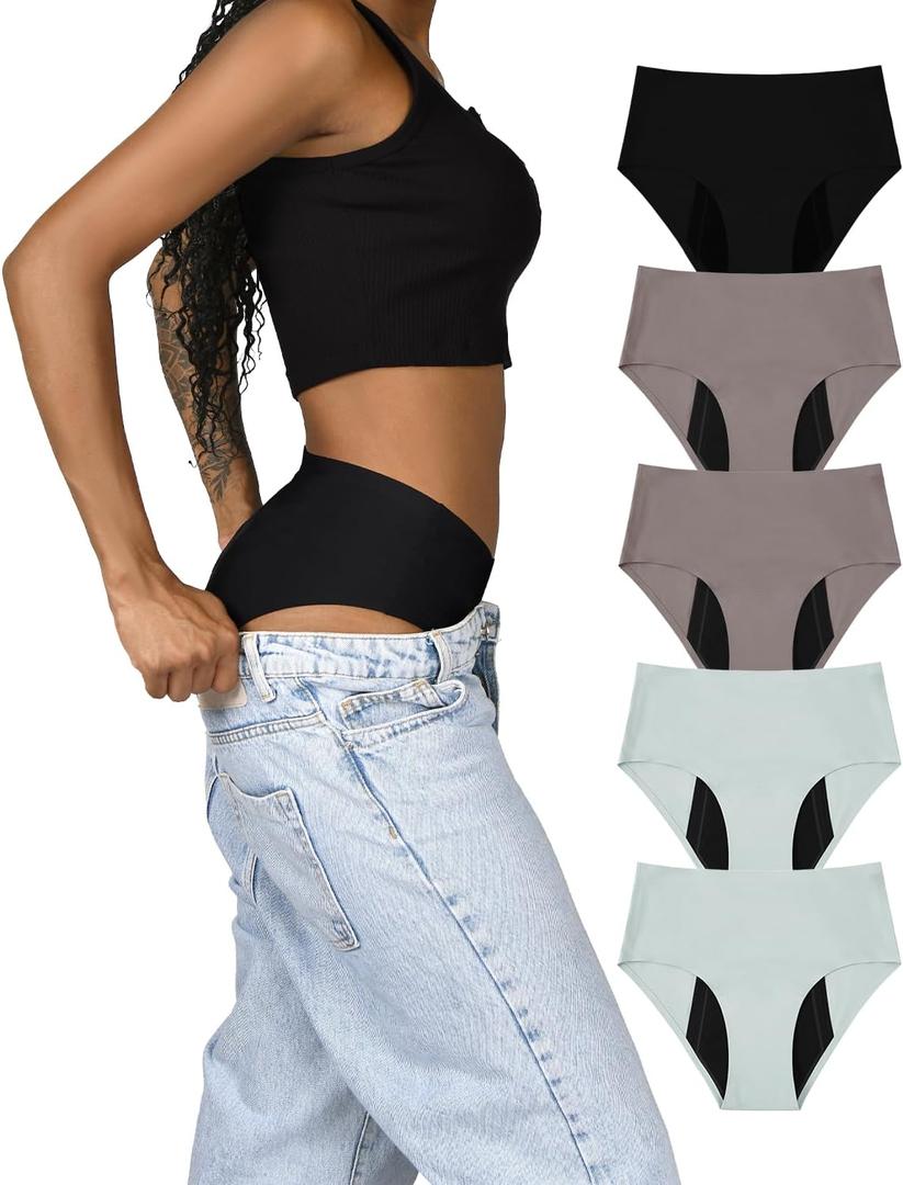 TIICHOO Period Underwear Heavy Flow High Waisted Period Bikini Panties Leakproof Underwear Briefs Pack of 5 (Gray, M)