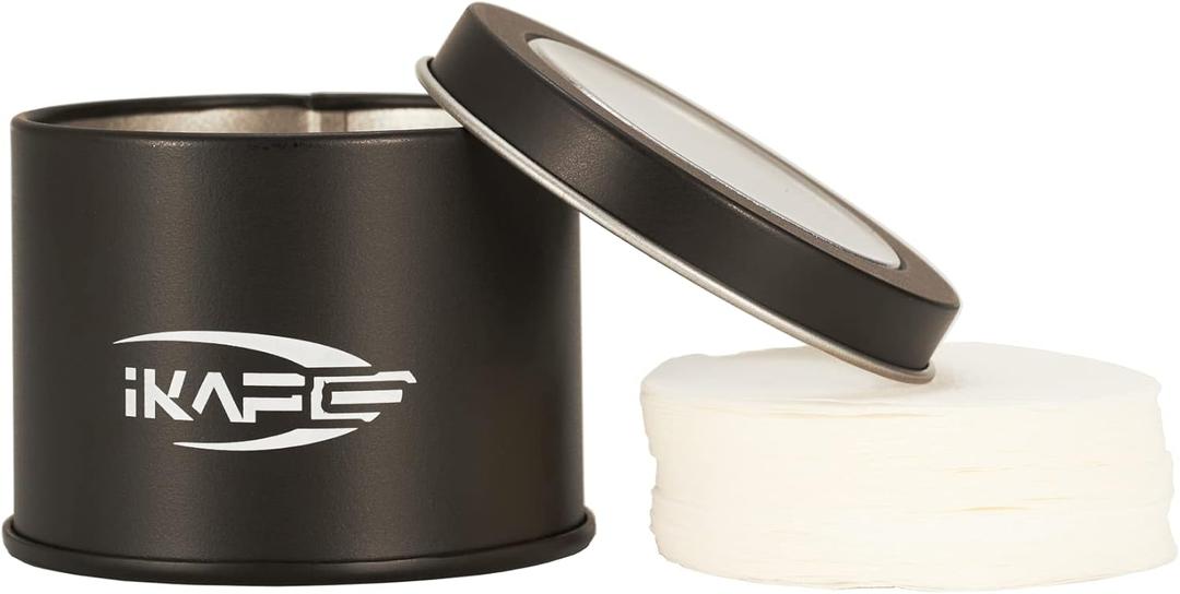 IKAPE 53mm Espresso Paper Filters (200pc), Coffee Puck Screen Paper Filters Compatible with 54mm Portafilters Basket, Ultra Thin Replacement Paper Filters - Come with Premium Metal Storage Case (White)