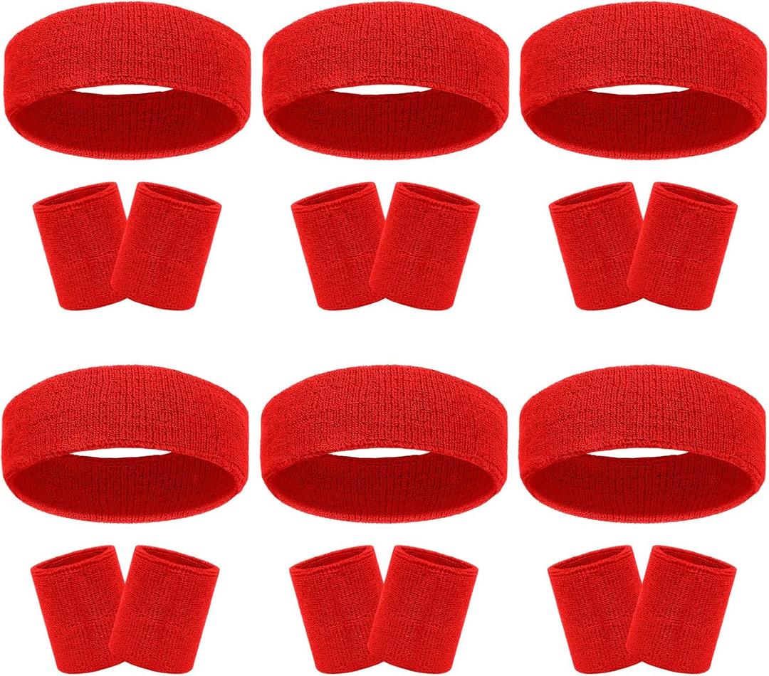 18 Pcs Sweatbands Headband Wristband Set Colorful Striped Terry Cloth Sports Athletic Gym 80s Sweat Headbands (6Pack-Red)