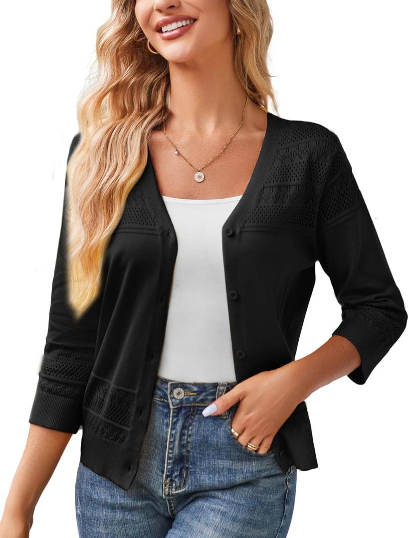GRACE KARIN Women's 2025 Cropped Cardigan 3/4 Sleeve Lightweight Crochet Shrug Hollowed-Out Knit Sweater Tops (Black, S)