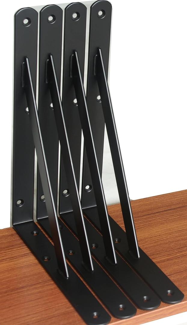 4 Pack L10 x H 8" Black Heavy Duty Shelf Brackets with Screws Metal Shelf Brackets Shelf Support Angle Brackets for Shelves L Brackets Heavy Duty Floating Shelf