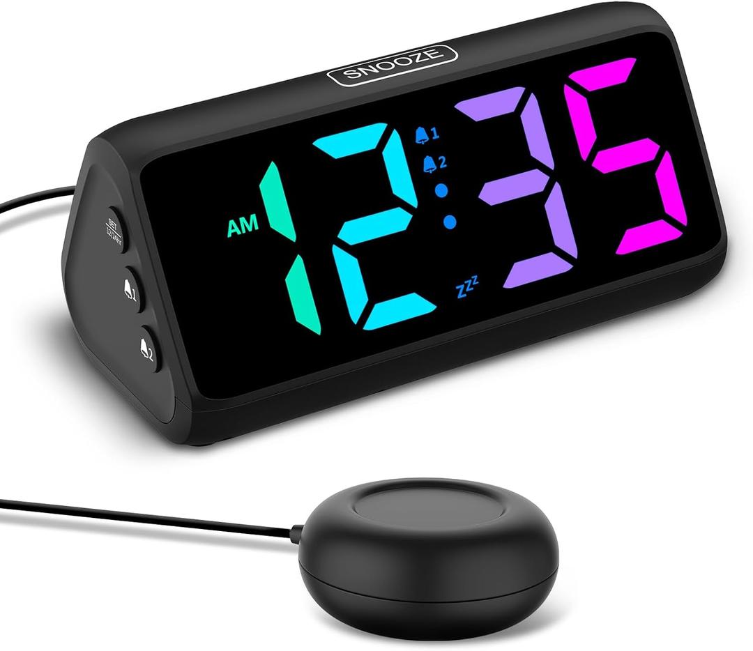 Netzu Loud Alarm Clock for Heavy Sleepers, Plug-in RGB Vibrating Alarm Clocks with Bed Shaker, 5 Dimmers, 2 Alarms and Snooze for Bedrooms Hearing Impaired Deaf Adults (Black) Netzu Loud Alarm Clock for Heavy Sleepers, Plug-in RGB Vibrating Alarm Clocks with Bed Shaker, 5 Dimmers, 2 Alarms and Snooze for Bedrooms Hearing Impaired Deaf Adults (Black)
