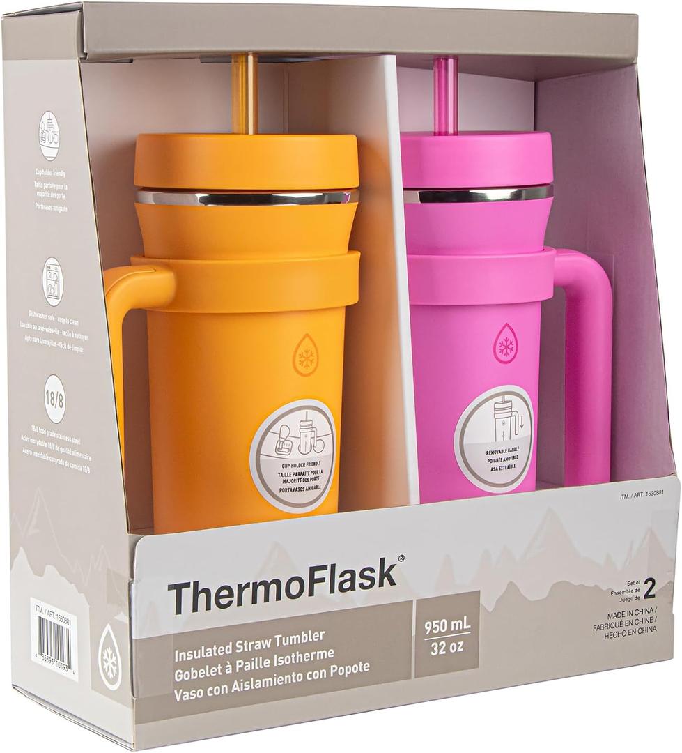 ThermoFlask Premium Quality Double Wall Insulated Stainless Steel Tumbler with Handle and Straw Lid, 32 Ounce, 2-Pack, Honeycomb/Hot Pink (32 oz)