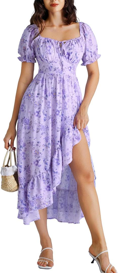 Scarlet Darkness Cottagecore Corset Dress Flowy Chiffon Floral Dresses for Women (Large, Purple Flower)