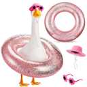Sunnymove Summer Goose Outfit with Hat, Glasses and Sequin Swimming Ring Hawaiian Porch Goose Clothes Funny Geese Costume for Summer Outdoor Statues Garden Yard Decor(Rose Red)