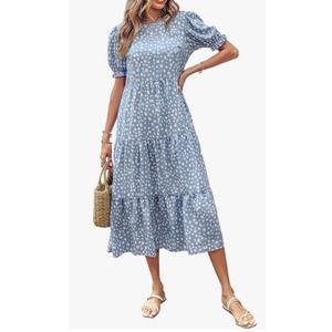 PRETTYGARDEN Summer Dresses for Women 2025 Casual Floral Boho Midi Sun Dress Puff Short Sleeve Flowy Beach Vacation Sundress
size S