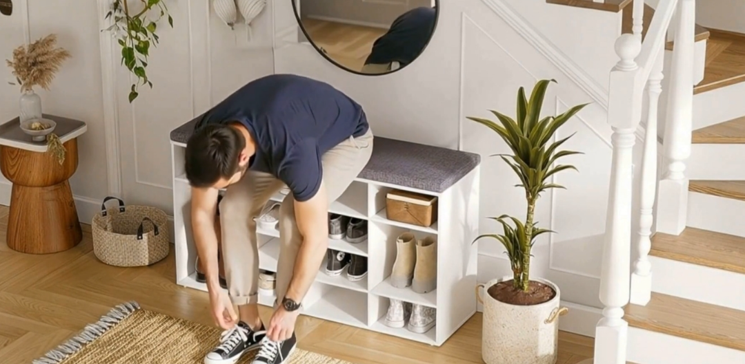 DINZI LVJ Shoe Storage Bench with Cushion, 13-Cubby Shoe Rack, Adjustable Shelves, Multifunctional Shoe Organizer Bench for Entryway, Mudroom, Hallway, Living Room, Bedroom and Garage, White