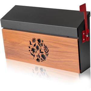 Wall Mount Mailbox, Large Capacity Mailbox for House Outside with Flag Kit Galvanized Steel Rust-Proof Metal Post Drop Box, 15.74"9.84"4.33" Flower Hollowed Wooden Patterned Metal Sheet