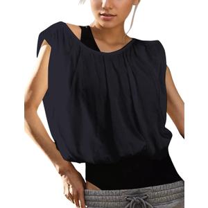 MISSACTIVER Womens Bubble Crop Tank Tops Oversized Sleeveless Workout Cropped Top Backless Crew Neck Tee Shirts Top Black L 