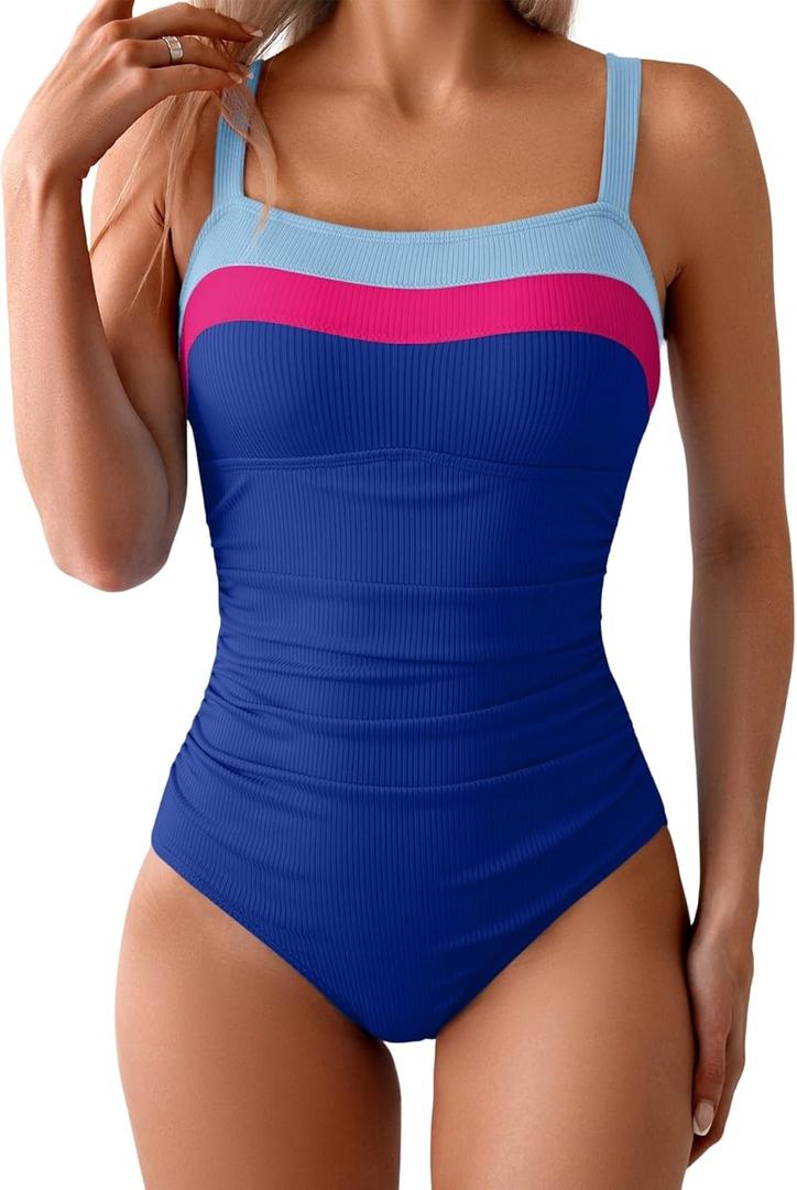 Aidonger Women's Ribbed One Piece Swimsuits Color Block Tummy Control Bathing Suit Slimming 1 Piece Swimwear, Size: Small (Blue-Pink-Royal Blue)