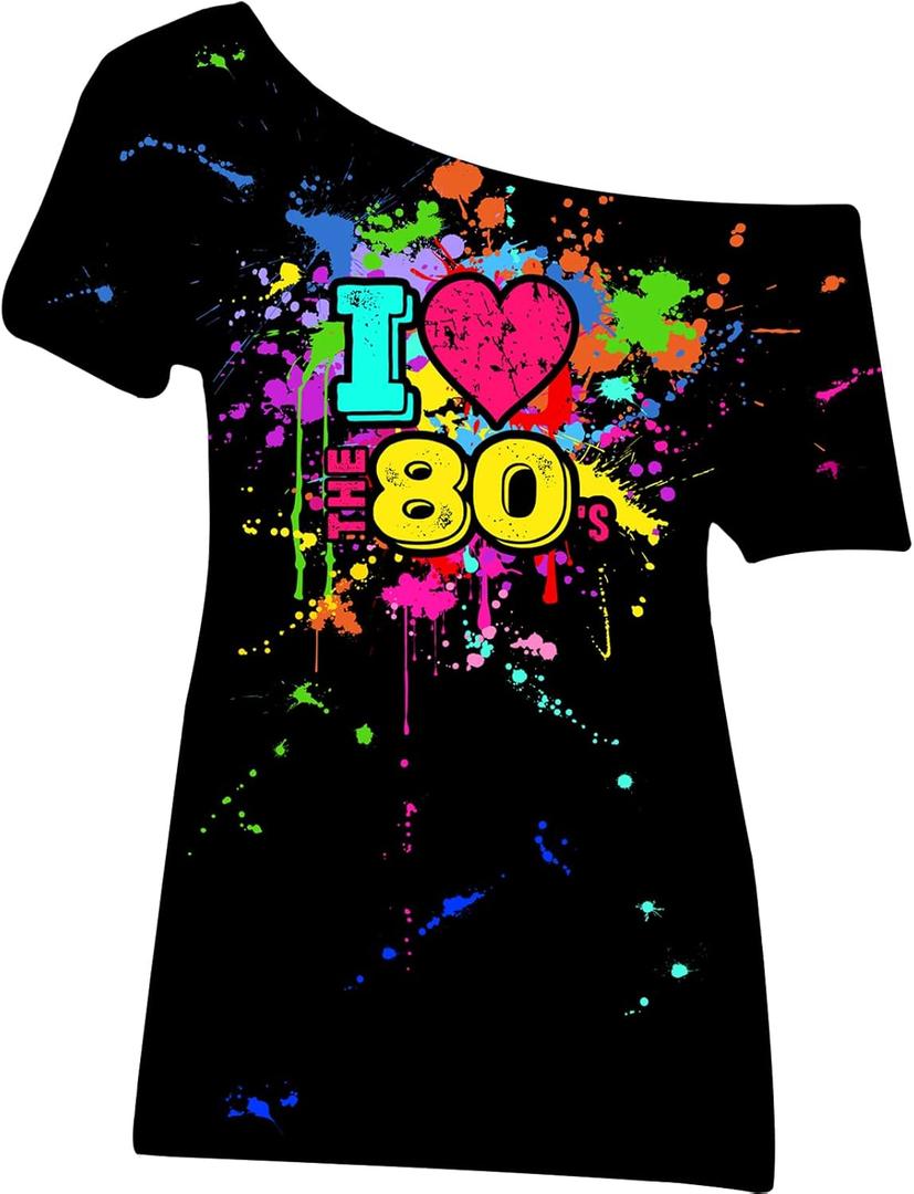 80s Outfit for Women Plus Size I Love The 80's Costumes 80s Off Shoulder T-Shirt Tops Neon Clothes Oversized (5X-Large, Black)