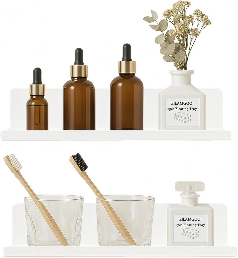 ZILAMGOO White Floating Shelves for Wall, 12 Inch Adhesive Wall Mounted Acrylic Shelves, No Drill Stick On Shelves for Bathroom, Bedroom, Kitchen, Living Room, Office (Set of 2, White)